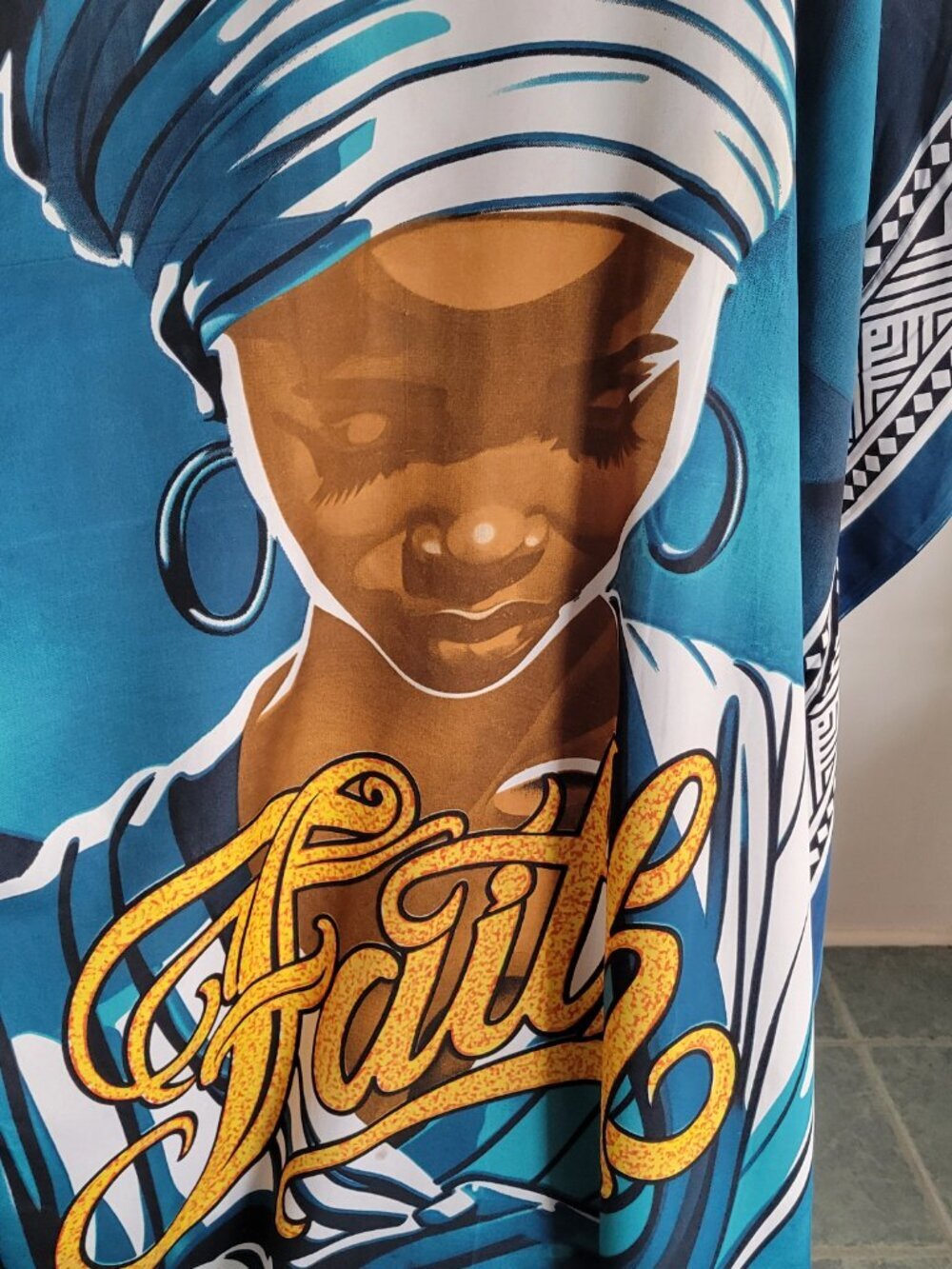 African Print Blue & White Abstract Faith Graphic Kaftan Dress - Picture 8 of 15